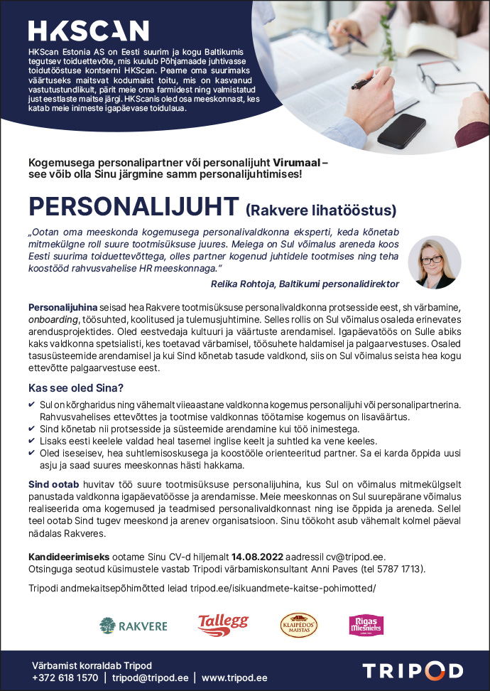 HKScan Estonia AS (Rakvere lihatööstus) otsib personalijuhti
